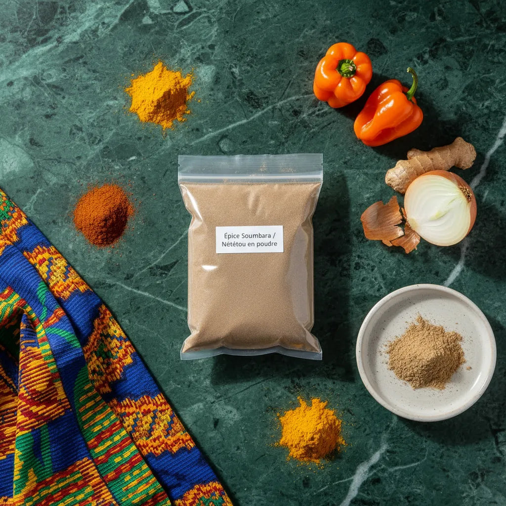 Épice Soumbara en poudre posée sur une table avec oignons, poivrons et autres épices, parfait pour assaisonner les plats africains.